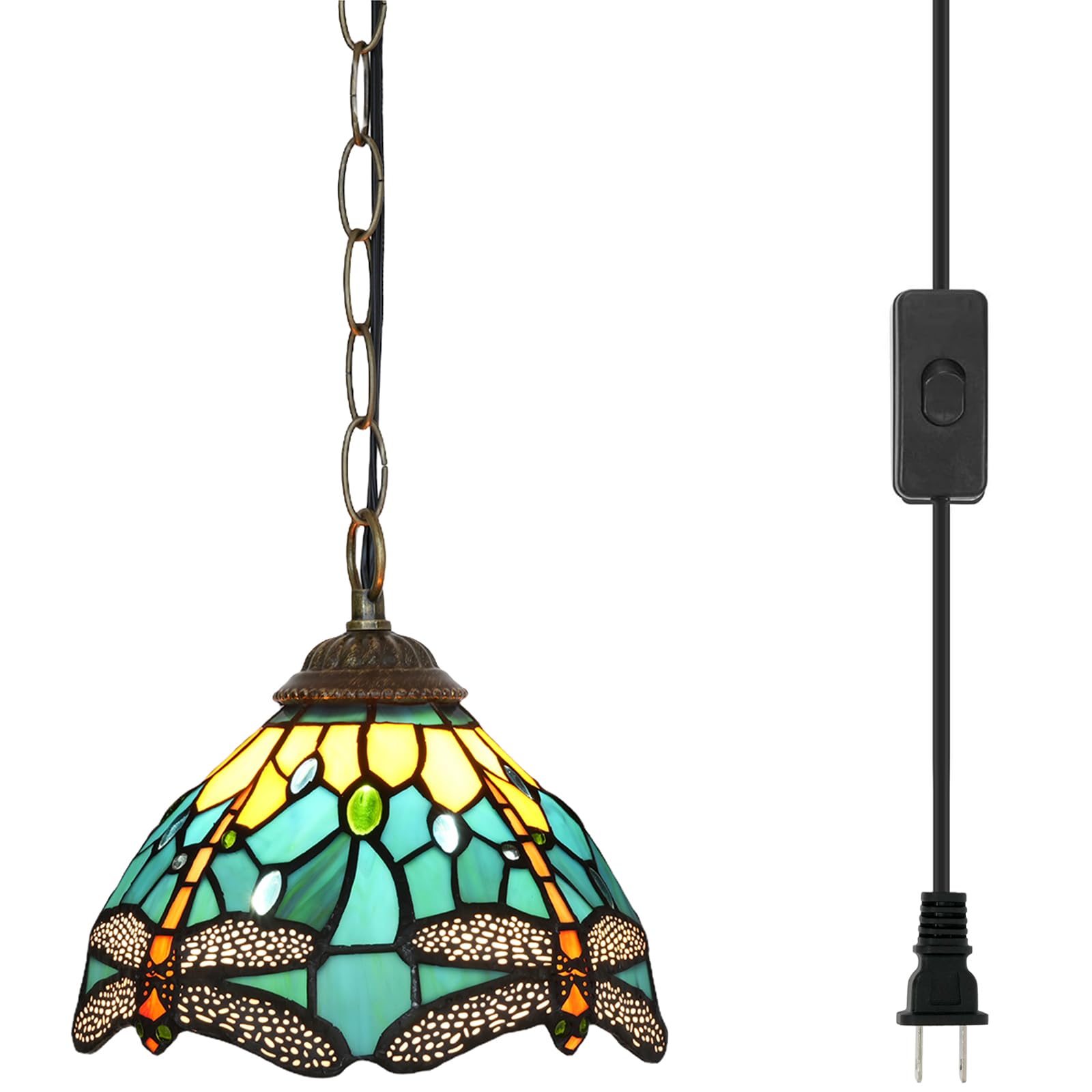 Lámpara Colgante Tiffany con Pantalla de 8 Pulgadas Estilo Libélula Verde Lámpara Colgante Artesanal de Vidriera Ajustable en Altura para Cocina Isla Comedor Pasillo