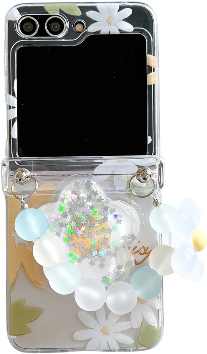 Coque galaxy z flip 6 – SCJLSDA Coque Samsung Galaxy Z Flip 6 transparente motif floral 3D pour femme, coque imprimée exquise avec support de fleurs et bracelet de perles (fleurs blanches)