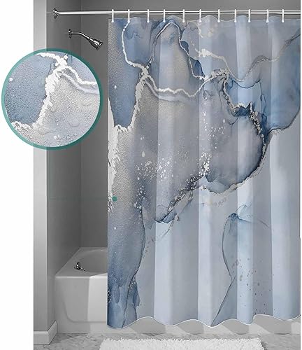Miniatura 4 de Cortina de ducha de mármol, cortinas de ducha estándar azul y gris para bañobañera, pintura de tinta de acuarela, arte abstracto, juego de cortina