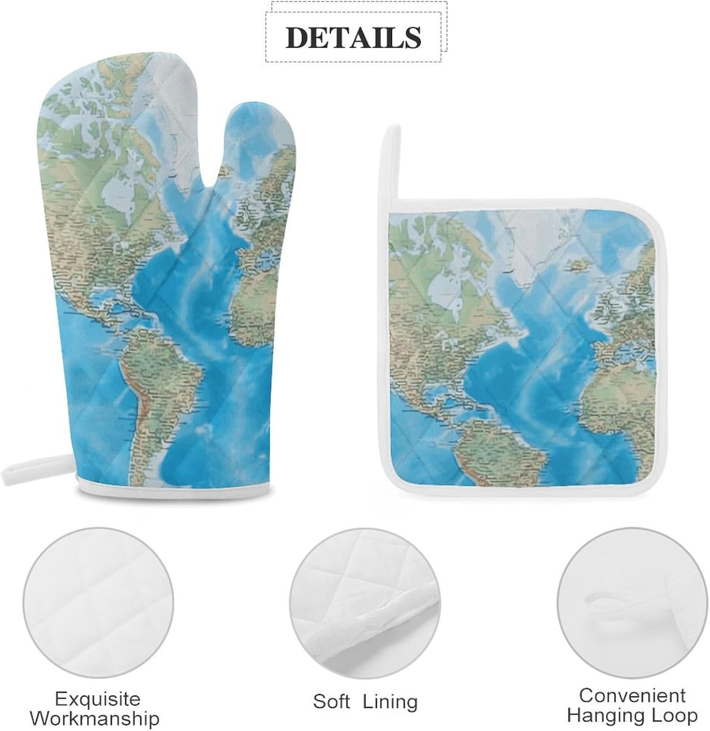 Oven Mitts Pot Holders Kitchen World Map Heat Resistant Oven Glove for Baking and Cooking