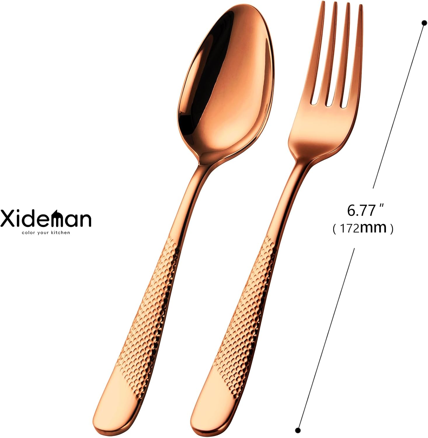 Xideman® 24-Piece Premium Forks and Spoons Silverware Set (6.7 inch), 18/10 Stainless Steel Hammered Flatware Cutlery Set for Home Kitchen and Restaurant - 12 Salad Forks & 12 Teaspoons (Copper)
