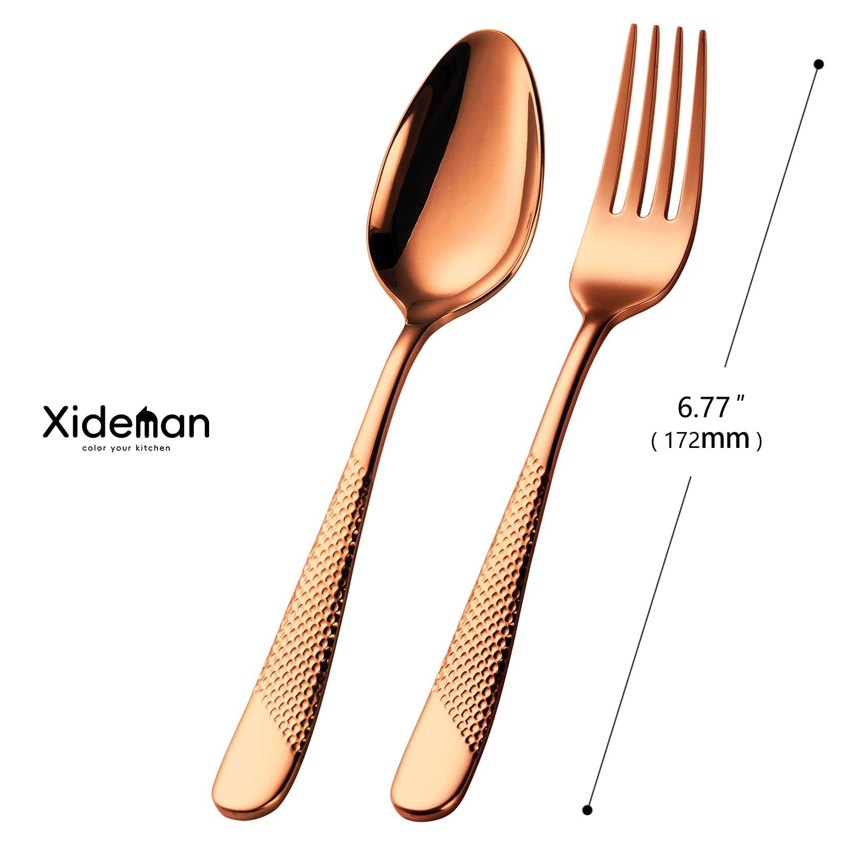 24 Stück Premium Löffel und Gabeln Besteck Set (17cm) - 18/10 Edelstahl Mittelgroße Tafellöffel/DessertLöffel/Suppenlöffel/Esslöffel & Gabel Set, Rutschfest Gehämmert