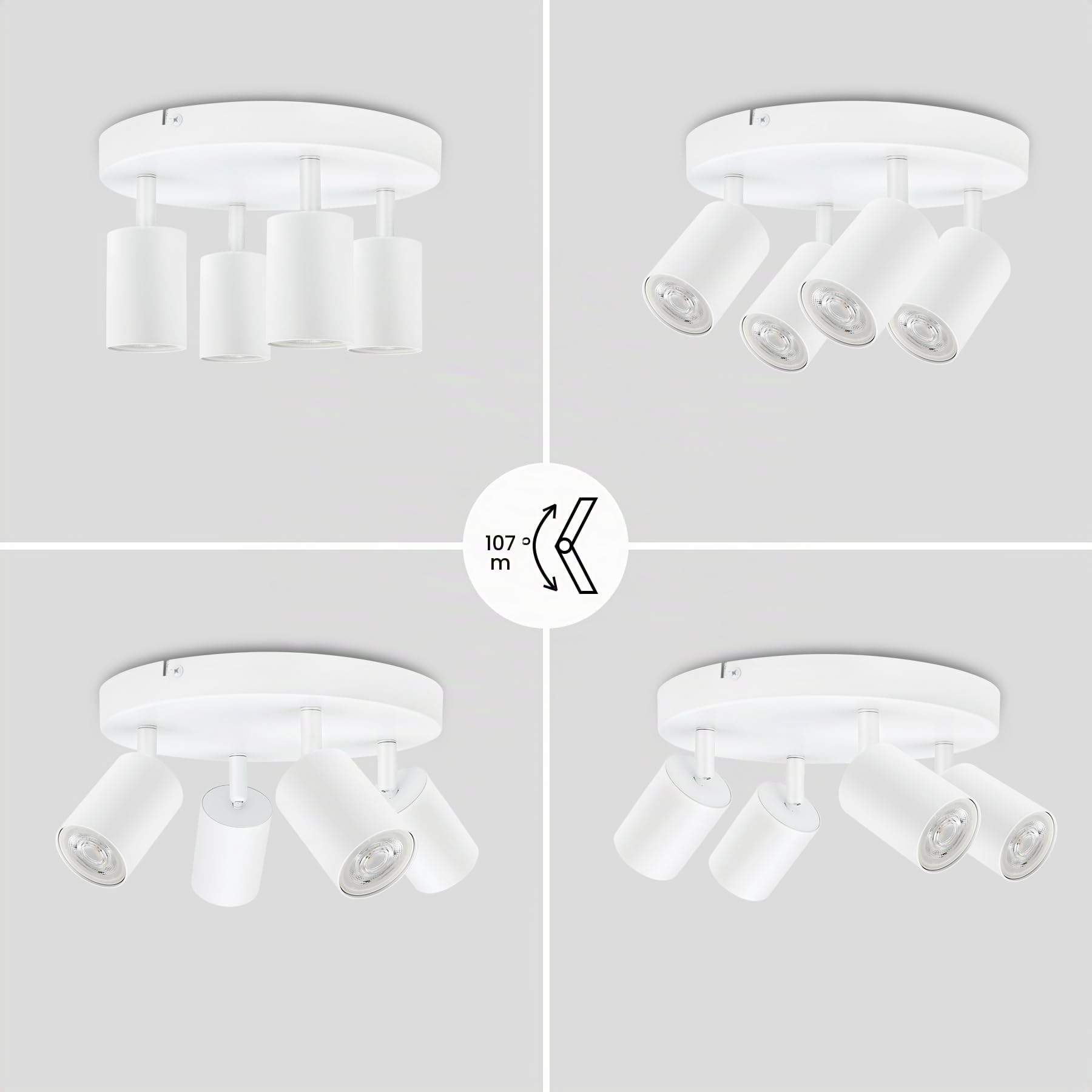 GU10 Lámpara de Techo con 4 Focos, Foco de Techo LED Ajustables y Giratorios, Plafón Moderno Blanco para Salon, Dormitorio, Sin Bombilla