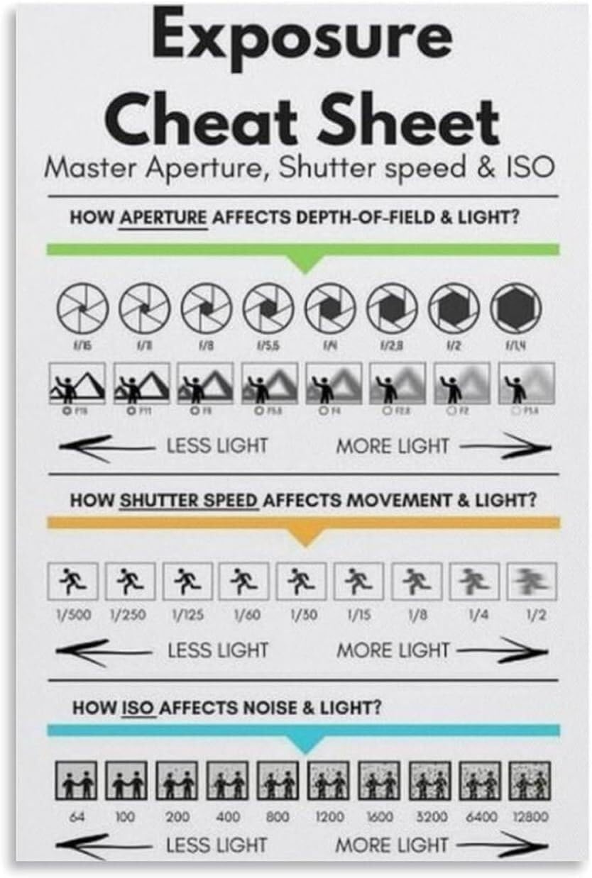 MQXFCZUX Photography Reference Poster Exposure Cheat Sheet for DSLR Mirrorless Cameras Quick Guide Canvas Wall-Art Decor Framed,08x12inch(20x30cm)