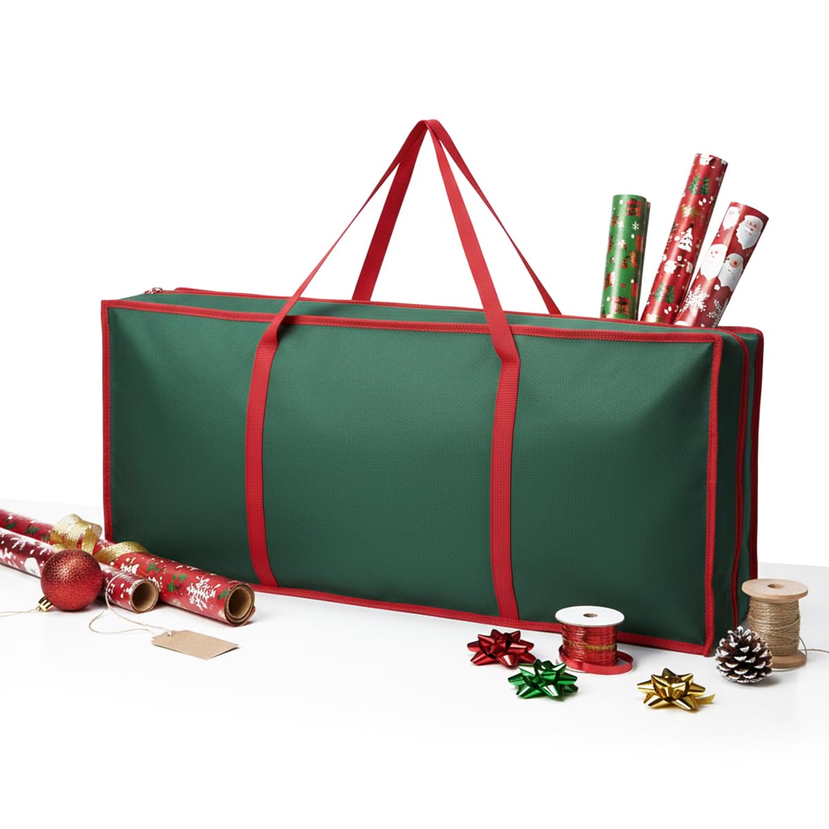 ZOPPER Christmas Wrapping Paper Storage Bag – Fits Rolls Up to 80 cm – 3 Netted Pockets, 2 Hook & Loop Straps, Durable Zippers – Green & Red