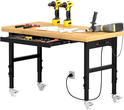 48" Heavy-Duty Solid Wood Work Bench with Drawers, Adjustable Height Workbench with Wheels, 2000 LBS Capacity Work Table with Power Outlets for Garage, Workshop48" X 24"