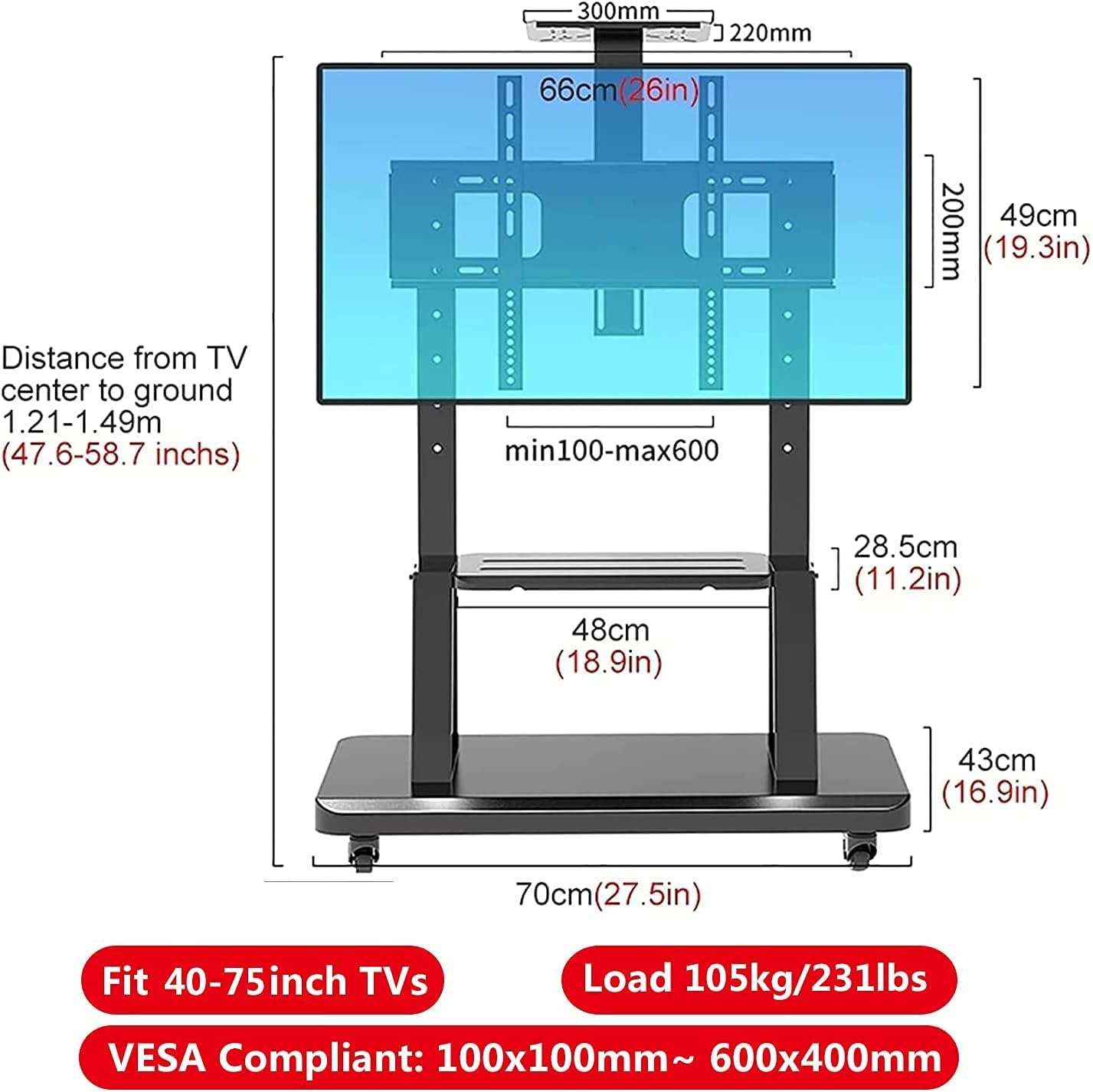 Soporte rodante Ajustable para TV con Altura Soporte Ajustable para TV móvil con Ruedas para televisores de 3270" Fácil Montaje Ideal para Uso en el hogar y la Oficina