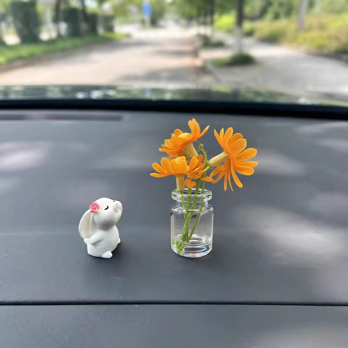 Cute Rabbit Car Dashboard Decorations Funny Bunny Rear View Mirror Accessories with Daisy Flower Aesthetic Decorations Interior Ornament