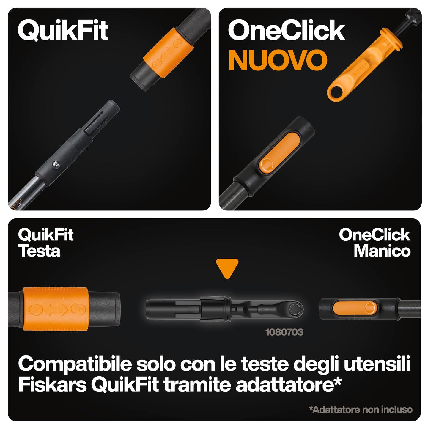 Fiskars OneClick Manico Telescopico L, Sostituzione con un Clic, Adattatore QuikFit Disponibile Separatamente, Manico Estendibile da 2,20 m a 4 m di Lunghezza, 1,55 kg, Nero/Arancione, 1080672