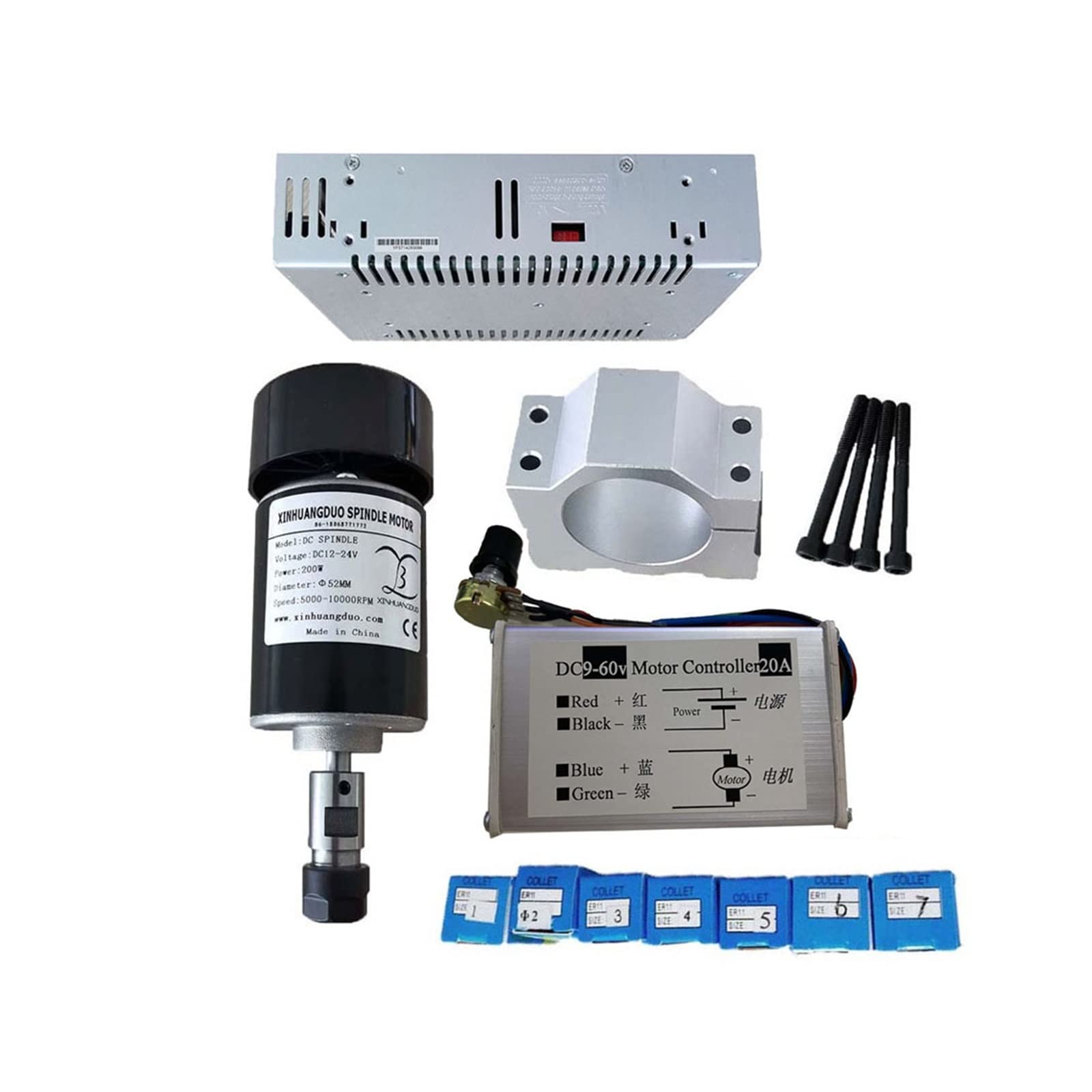 Mooilko Package 6 0.2Kw Air Cooled Spindle Er11 Chuck Cnc 200W Spindle Motor + 52Mm Clamps + Power Supply +Speed Governor For Diy Cnc 24V10000rpm Smooth Running(Package 6)