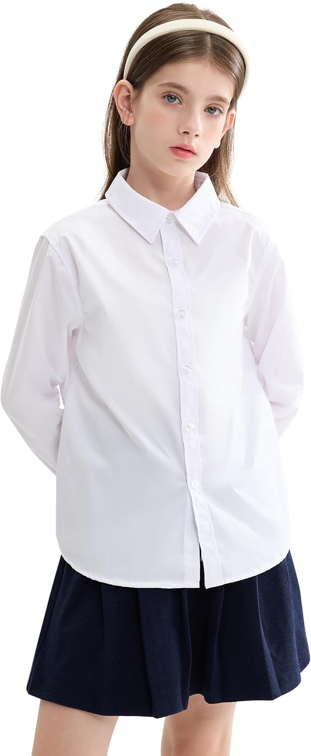 maoo garden Girls White School Uniform Shirt Long Sleeve Blouse Button Down Blouse