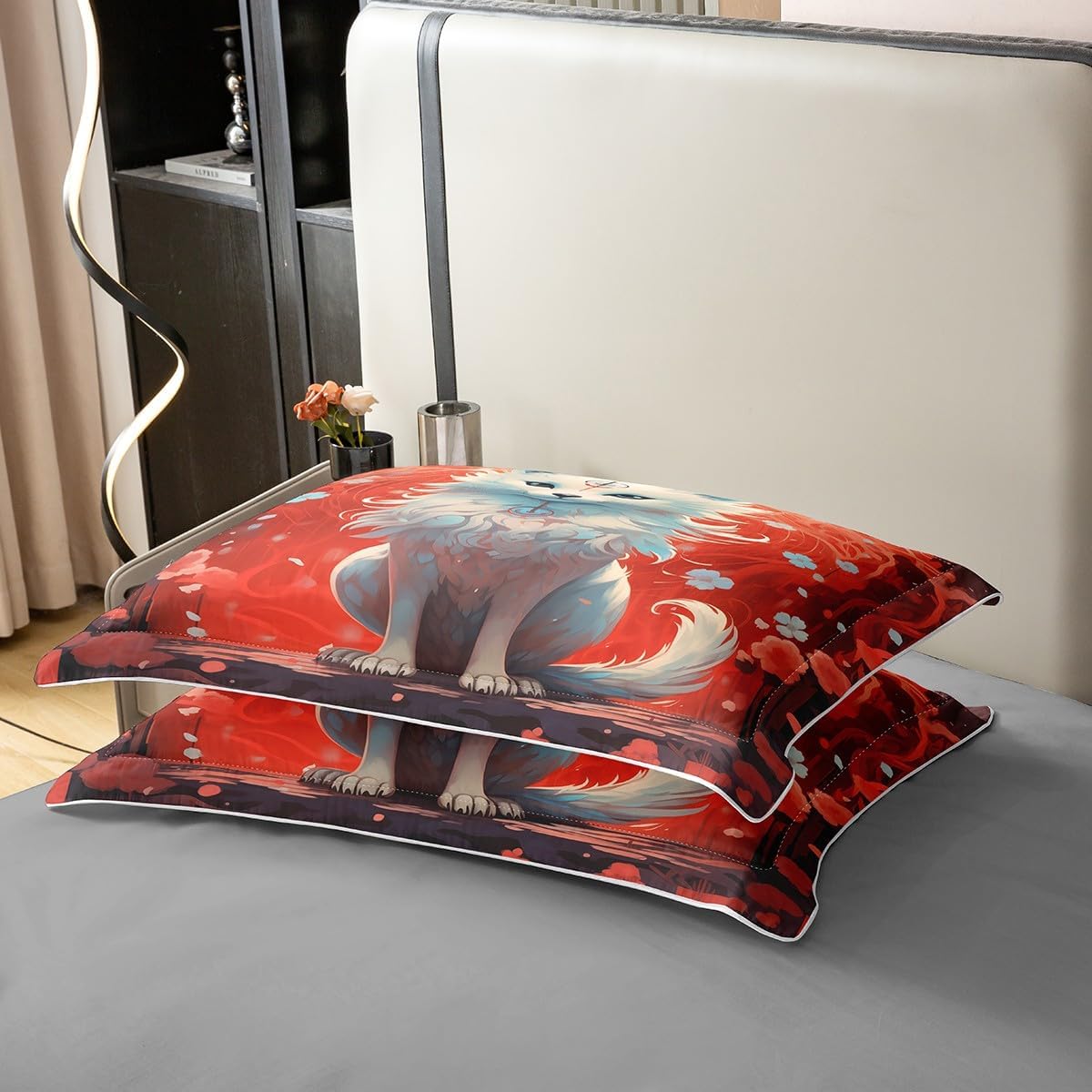 Cute Fox Animal Comforter Cover Queen Exotic Tribe Style 100% Organic Cotton Duvet Cover Japanese Cherry Blossom Bedding Sets Wildlife Bedspread Cover with 2 Pillowcases Soft(Not Comforter)