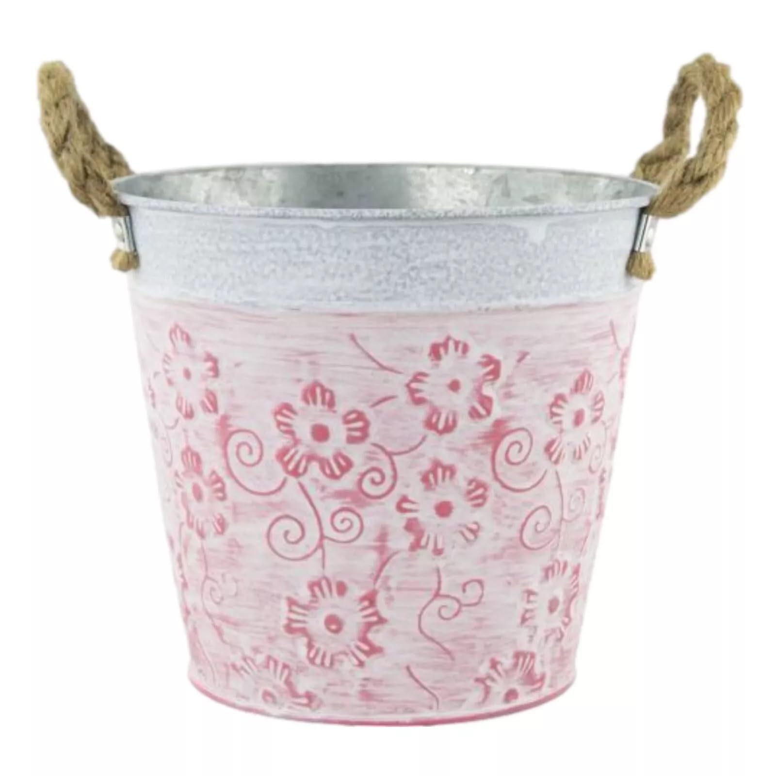 Tin Pail Plant Pot Pink Floral Planter With Rope Handles 20cm, 8inch Bucket Indoor Outdoor Decorative Pot (1)