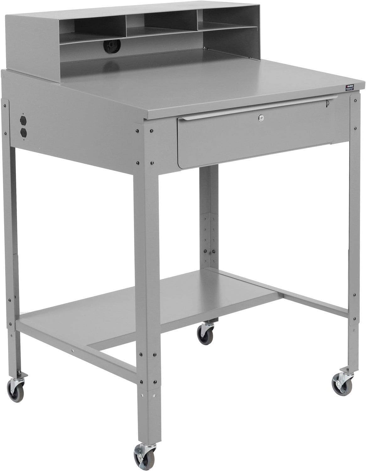 Global Industrial 34-1/2"W x 30" D x 38" H Mobile Shop Desk with Pigeonhole Compartment Riser Sloped Surface, Gray