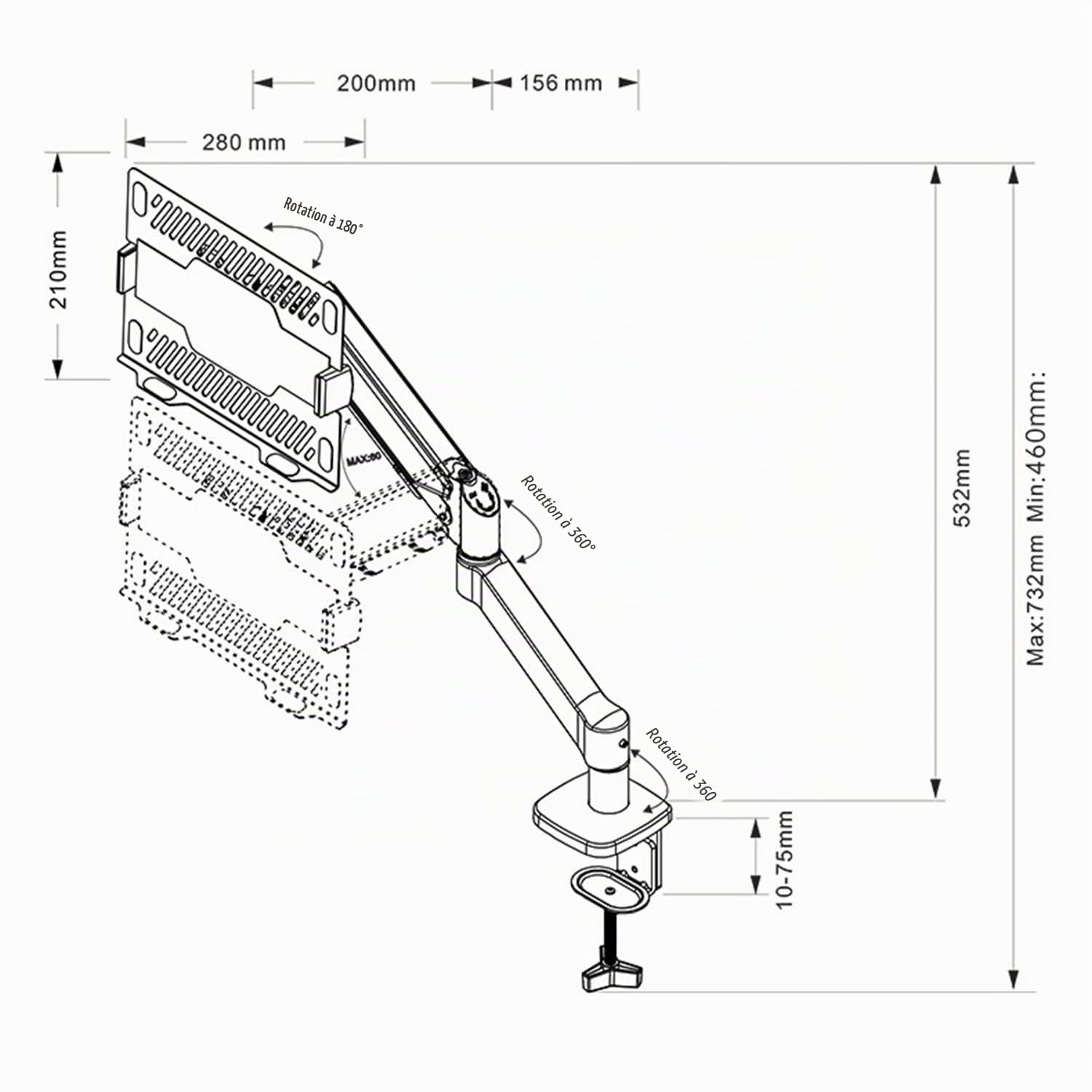 Monitor Arm,Support Pour Ordinateur Portable 2 En 1 Avec Plateau,Capacité Maximale De 10 Kg,Hauteur Réglable,Adapté Aux Ordinateurs Portables De 10 à 17 in,Avec Pince à Trou Rond/Bras De Bureau,Blanc