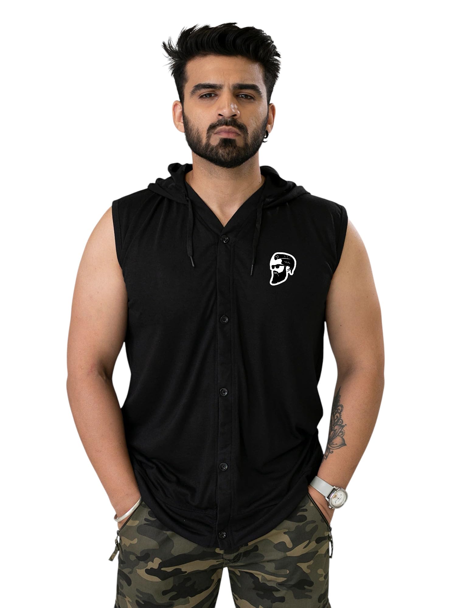 blisstone Men's Sleeveless Hooded T-Shirt with Front Button Closure & Chest Emblem | Gym & Casual Wear Muscle Fit Tee-picture-39