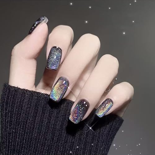 SPEVERT Rainbow Cat Eye Press on Nails for Women Black Medium Square Laser Gel N