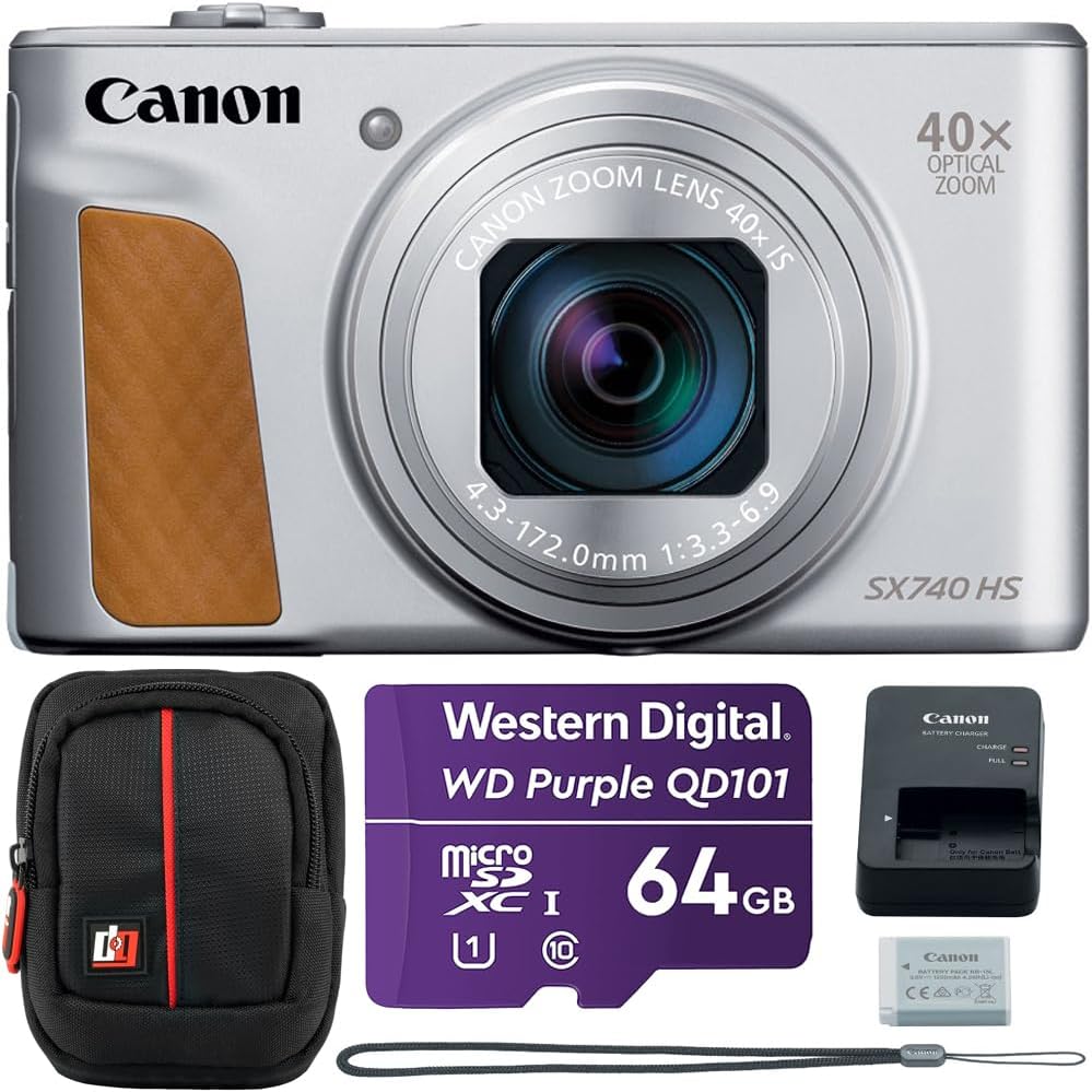 PowerShot SX740 HS 20.3MP 40x Optical Zoom with 4K Video Recording (Silver) 2956C001 Bundle with Western Digital Purple 64GB MicroSD Card and Deco Photo Point and Shoot Field Bag Camera Case