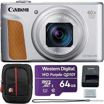 Canon PowerShot SX740 HS 20.3MP 40x Optical Zoom with 4K Video Recording Silver 2956C001 Bundle with Western Digital Purple 64GB MicroSD Card and Deco Photo Point and Shoot Field Bag Camera Case