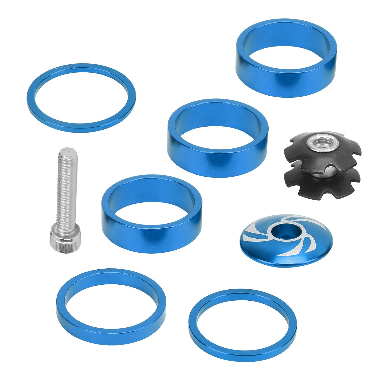 Bnineteenteam Blue 6Pcs Bike Headset Spacer, Aluminium Alloy Bicycle Front Fork Handlebar Stem Spacers With Stem Top Cap, Long Bolt, Headset Star Nut For Mountain Bike Headset Stem(Blue)