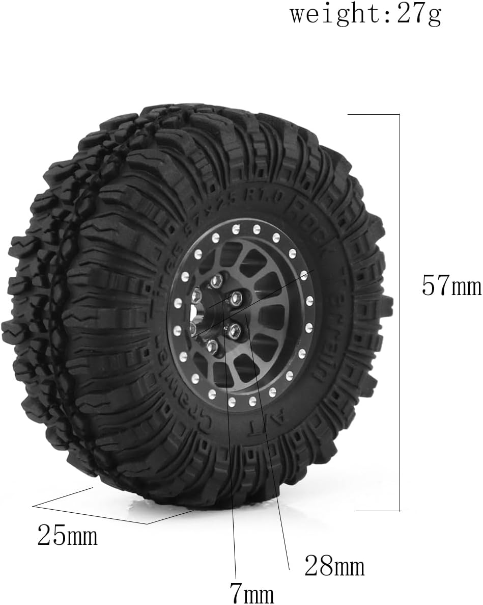 1.0 Beadlock Wheels and Tires 4pcs Aluminum Rim with 7mm Sleeve for RC Crawler Axial SCX24 Gladiator Bronco C10 Deadbolt AX24 TRX4M FCX24 Upgrade Parts (Black)