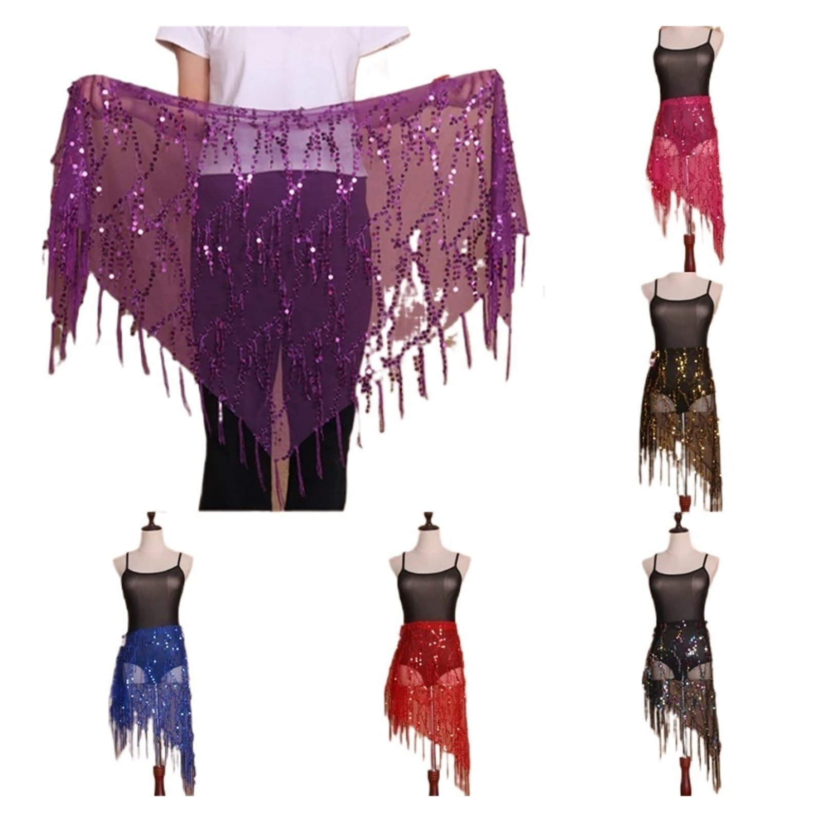 Sciarpa for anca di danza del ventre con nappe e paillettes in rete spandex