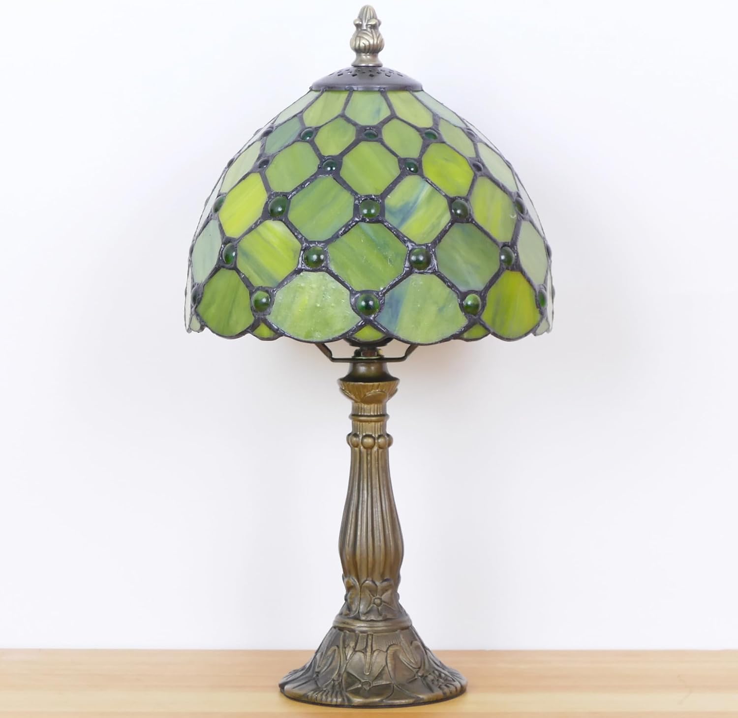 Small Tiffany Lamp Mini Stained Glass Table Lamp Pearl Style Bedside Accent Lamp Memory Sympathy 8X14.5 Inch (Green Yellow)