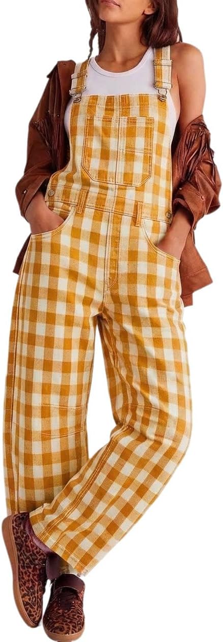 utcoco Women's Buffalo Plaid Denim Overalls Boyfriend Barrel Leg Adjustable Strap Jumpsuit