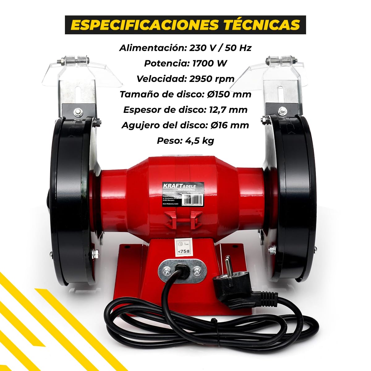 KRAFT&DELE KD532 Esmeriladora de banco 1500W con discos dobles 150mm | Amoladora de banco y afilador eléctrico | Máquina de afilar cuchillos con piedra esmeril y protector contra chispas