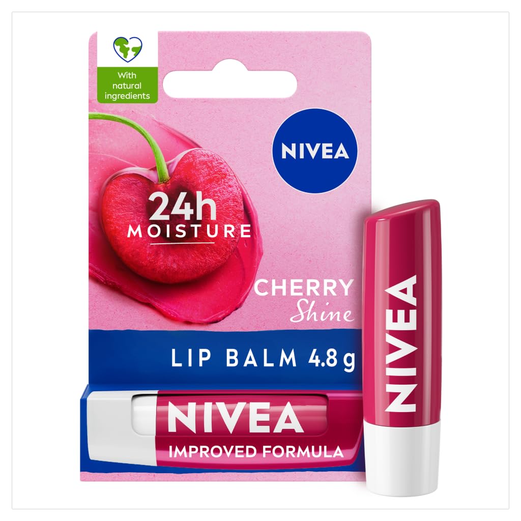 NIVEACherry Shine Lip Balm (4.8g), Flavoured Lip Balm with Shea Butter, Natural Oils and Vitamins, Provides 24h Moisture and a Soft Red Shine, Vegan Lip Care Formula