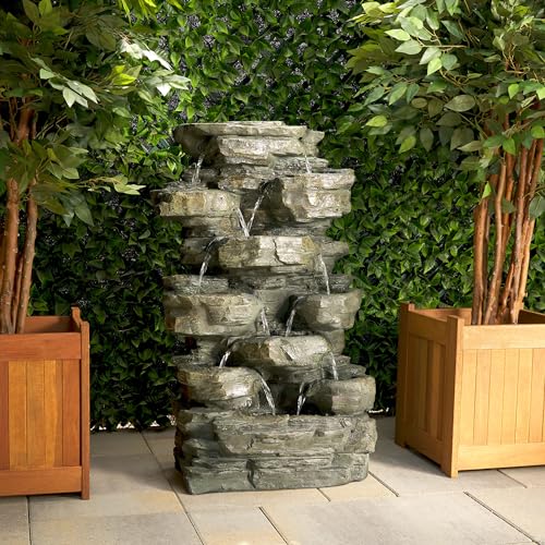 Alpine Corporation WIN930 Outdoor Floor Multi-Tiered Cascading Rock Garden Water Fountain with LED Lights, 39´´, Green