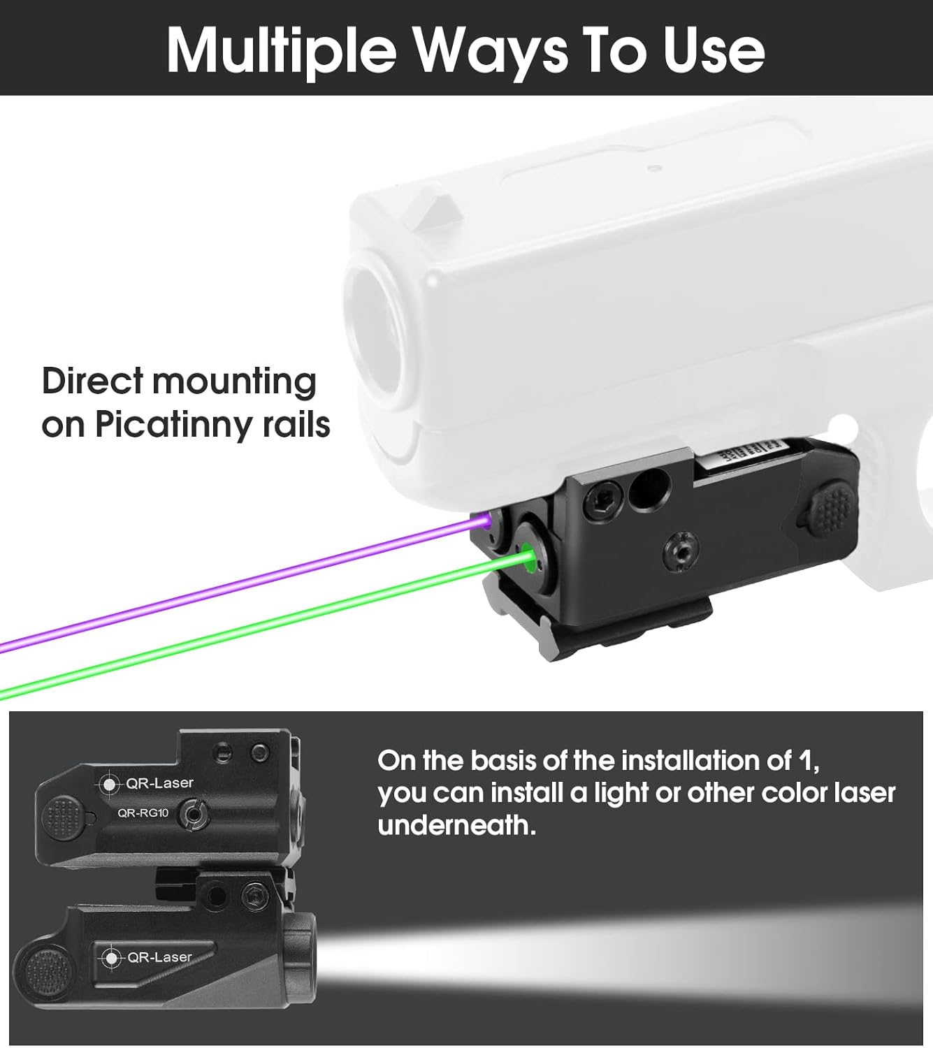 Red Green Purple Blue Laser Light Combo, 800 Lumens Tactical Flashlight Laser Sight, Built-in USB Rechargeable Battery, Adjustable Compact Tactical LED Light Laser Beams