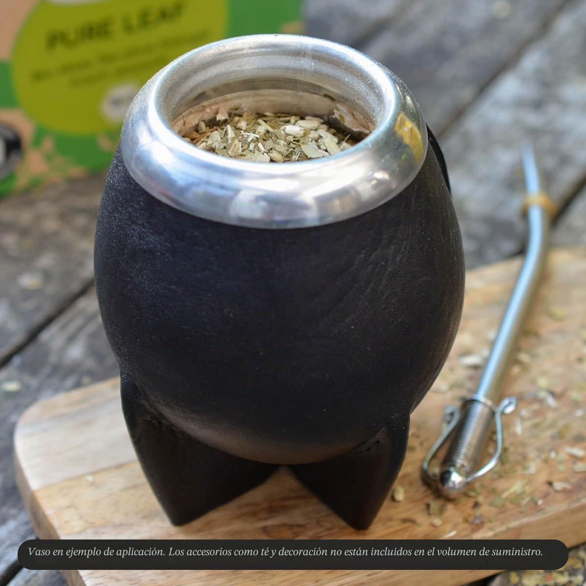 Mate de Calabaza Uruguaya Torpedo Forrado en Cuero - Artesanal, Virola de Acero Inoxidable - Curado Manual - Marrón/Negro