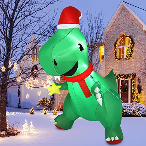 Luxspire Inflatable Dinosaur with Christmas hat, Christmas Inflatable Decoration with LED Lights, Indoor Outdoor Garden Blow Up Yard Christmas Cute Decoration for Theme Parties Holiday, Green Luxspire Inflatable Dinosaur with Christmas hat, Christmas Inflatable Decoration with LED Lights, Indoor Outdoor Garden Blow Up Yard Christmas Cute Decoration for Theme Parties Holiday, Green