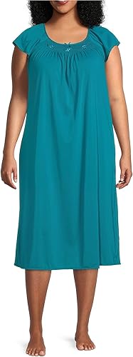 Miss Elaine Camisón largo de tricot cuello redondo, ribete bordado, mangas con vuelo, ropa de dormir y ropa de descanso para mujer