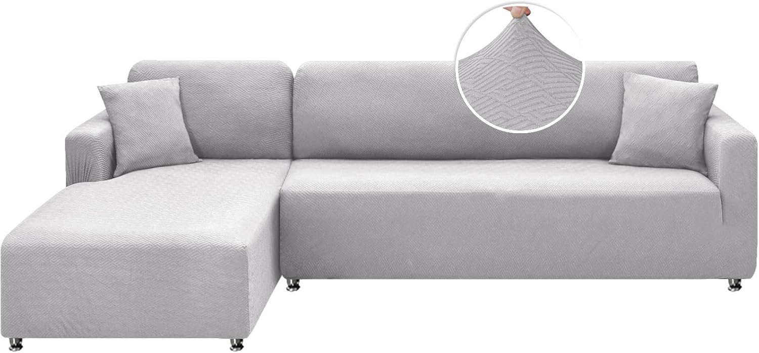 XINEAGE Sectional Couch Cover High Stretch L Shaped Sofa Cover 2 Pieces Non Slip Slipcover with Chaise Furniture Protector with 2 Pillowcases for Pets & Dogs (3 Seat Sofa + 2 Seat Chaise, Silver Gray)