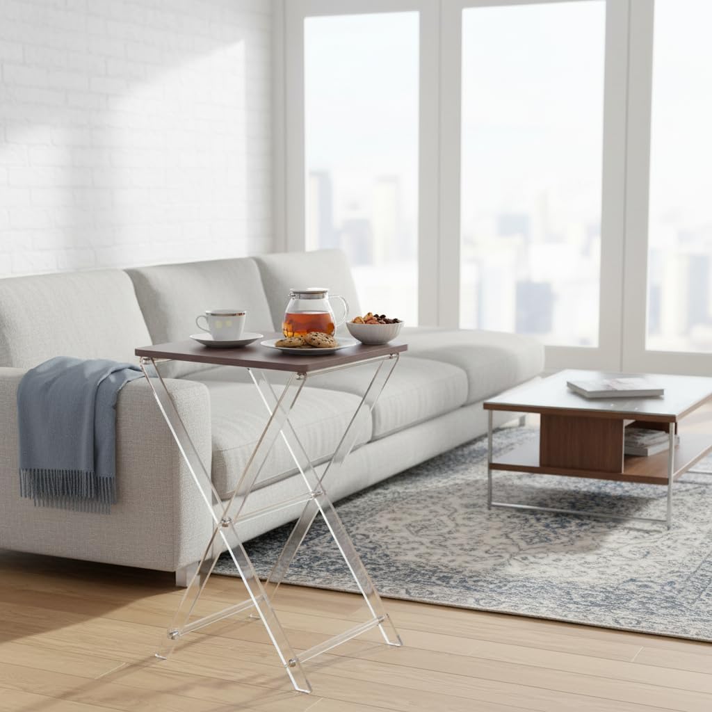 Folding TV Tray Table with Wooden Top, Acrylic Large Folding TV Tray Table Deep Walnut Foldable Small Desk Space-Saving Side Table for Living Room, Bedroom, Kitchen, Snack & Serving Table