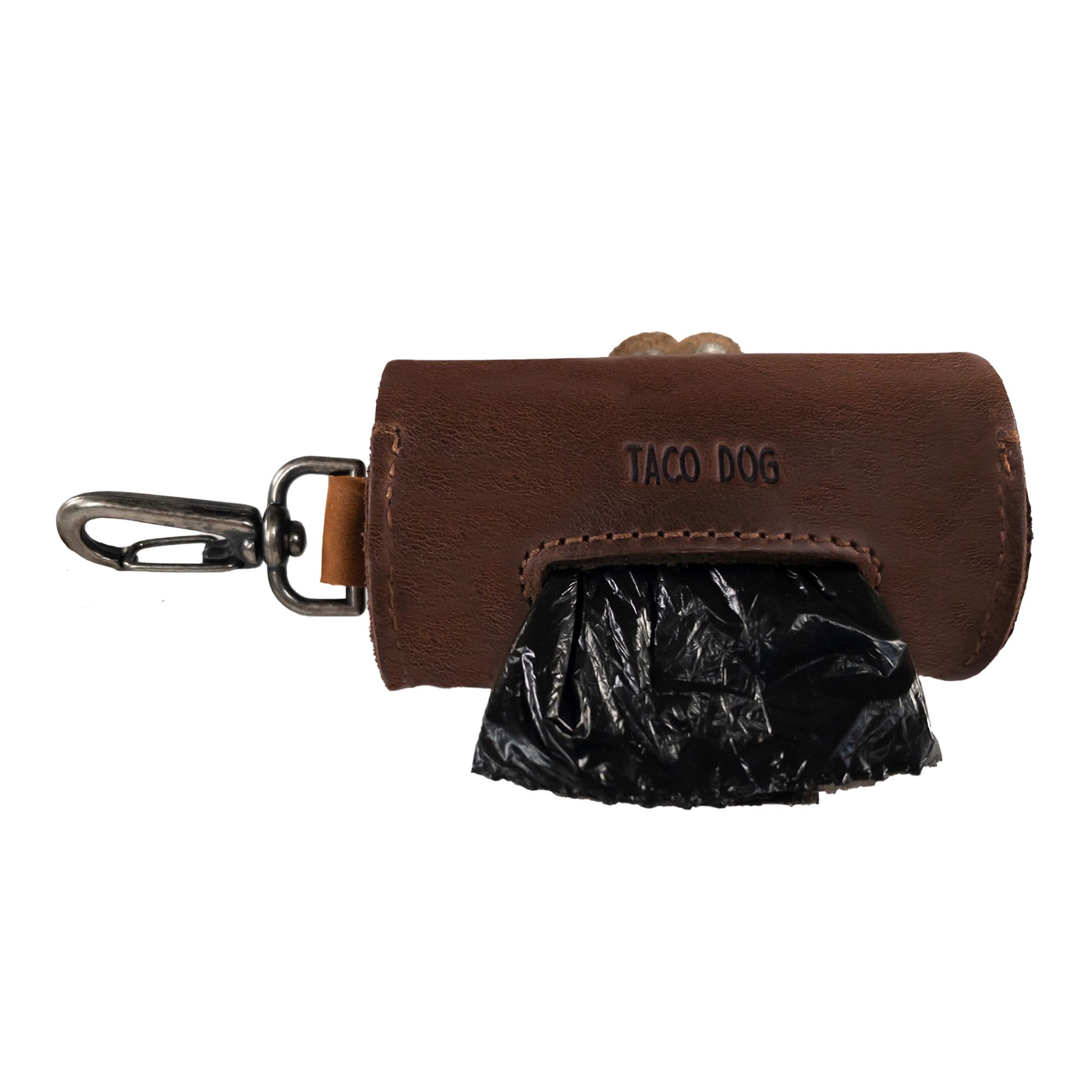 Taco Dog, Paw Poop Bag Tasche handgefertigt aus Vollnarbenleder – praktische Tragetasche, Clips an Leine, Spender, einfache Reinigung beim Gehen – ganz natürlich, leicht, Accessoire – Bourbon Brown