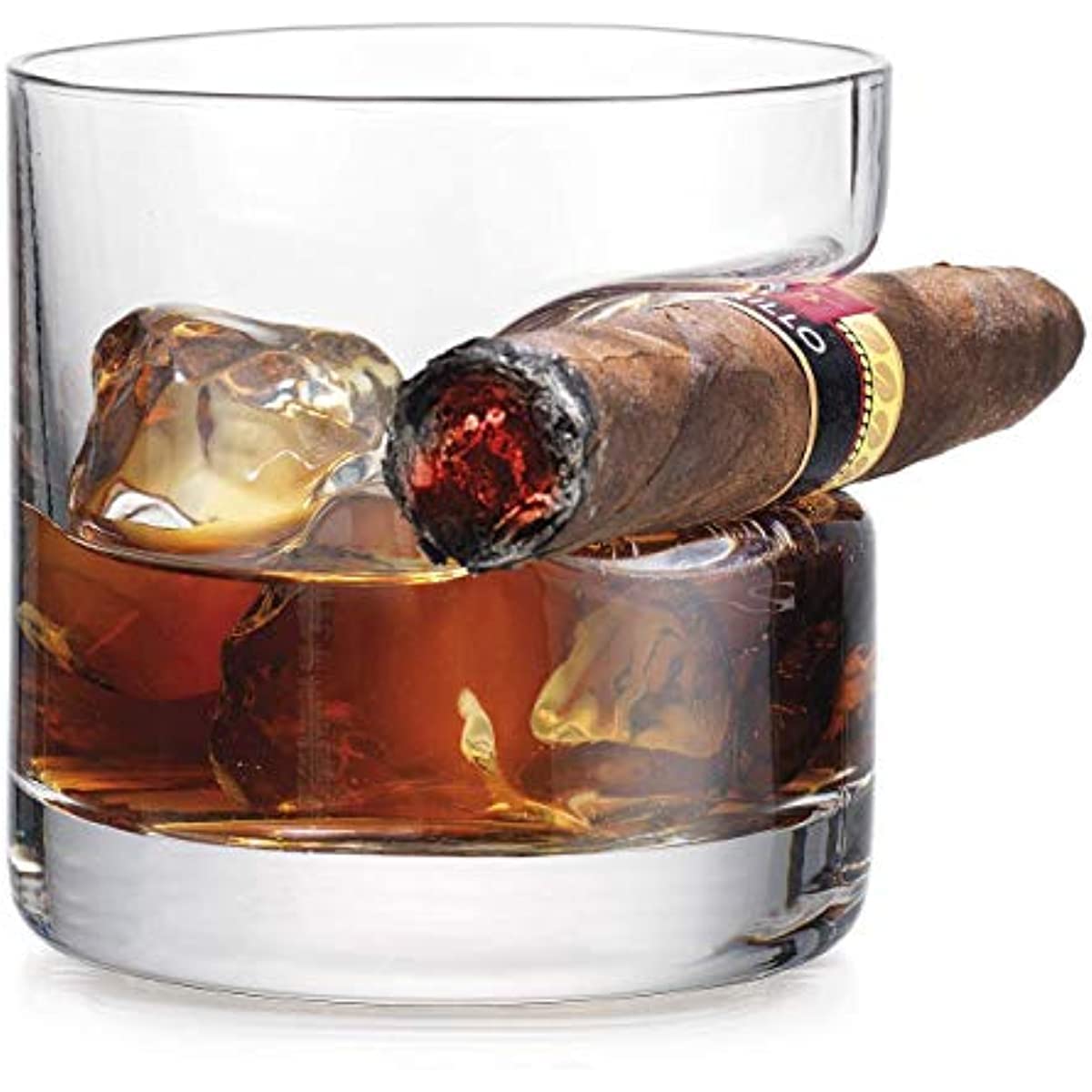 BOLYUM Whiskey Glass with Cigar Holder, Handcrafted Round Whiskey Glass, Old Fashioned Style Crystal Whiskey Glass, Cigar Accessories, for Brandy,Cocktail,Vodka,Gifts for Men, 320ml