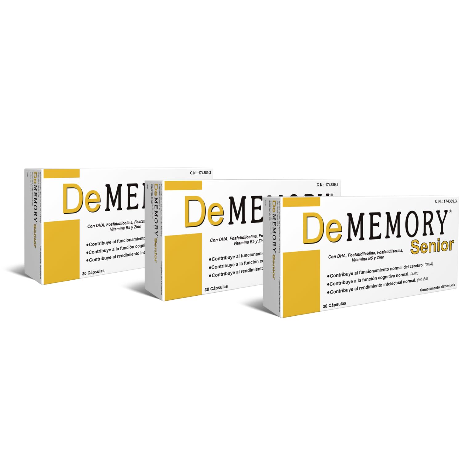 DeMemory Senior 30 Cápsulas – Pack de 3 Unidades - Tratamiento para 3 Meses - Contribuye al Funcionamiento Normal del Cerebro en Personas Mayores - con DHA, Fosfolípidos, Vitamina B5 y Zinc