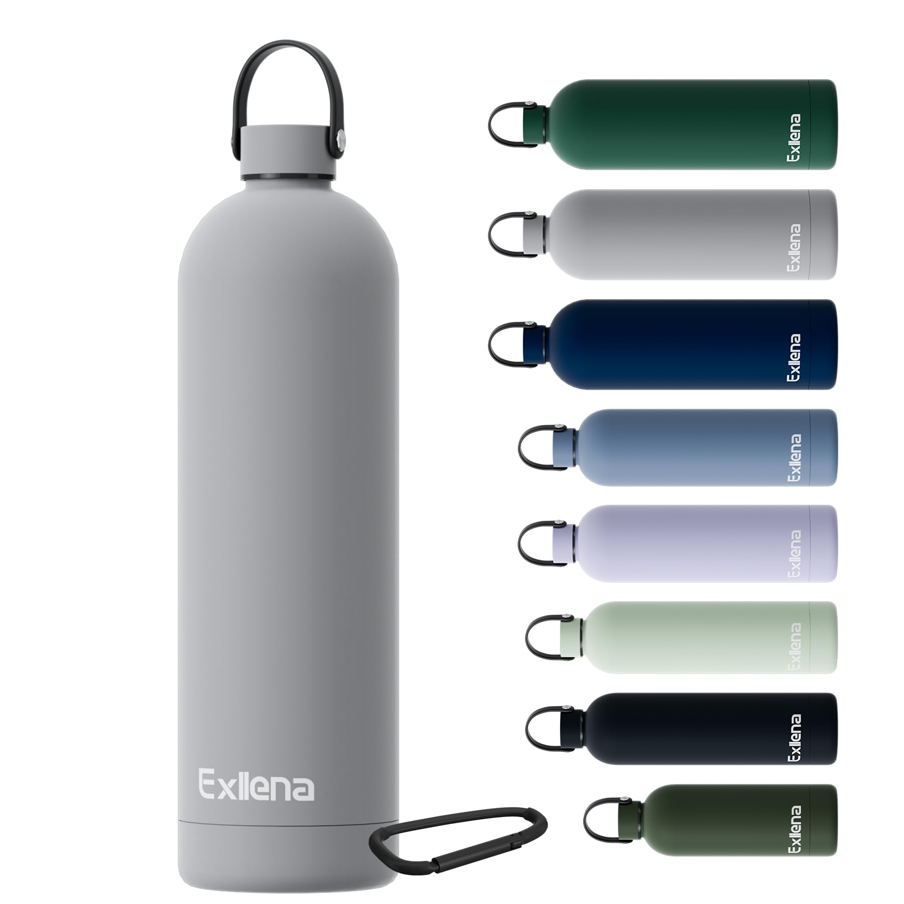 Exllena Borraccia Termica 1,5 Litri con Maniglia e Moschettone -Borraccia 1,5 Litri Mantenere Calore/Freddo - Senza BPA - 100% A Tenuta Stagna per Escursioni, Campeggio, Viaggi, Sport...(Grigio)