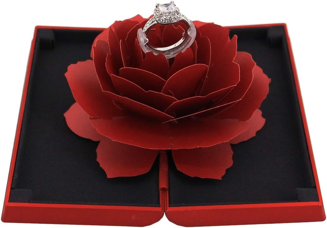 Rose Engagement Ring Box Proposal Ring Case Velvet Jewelry Gift Box Case Ring Holder for Wedding Valentine (Red Box)