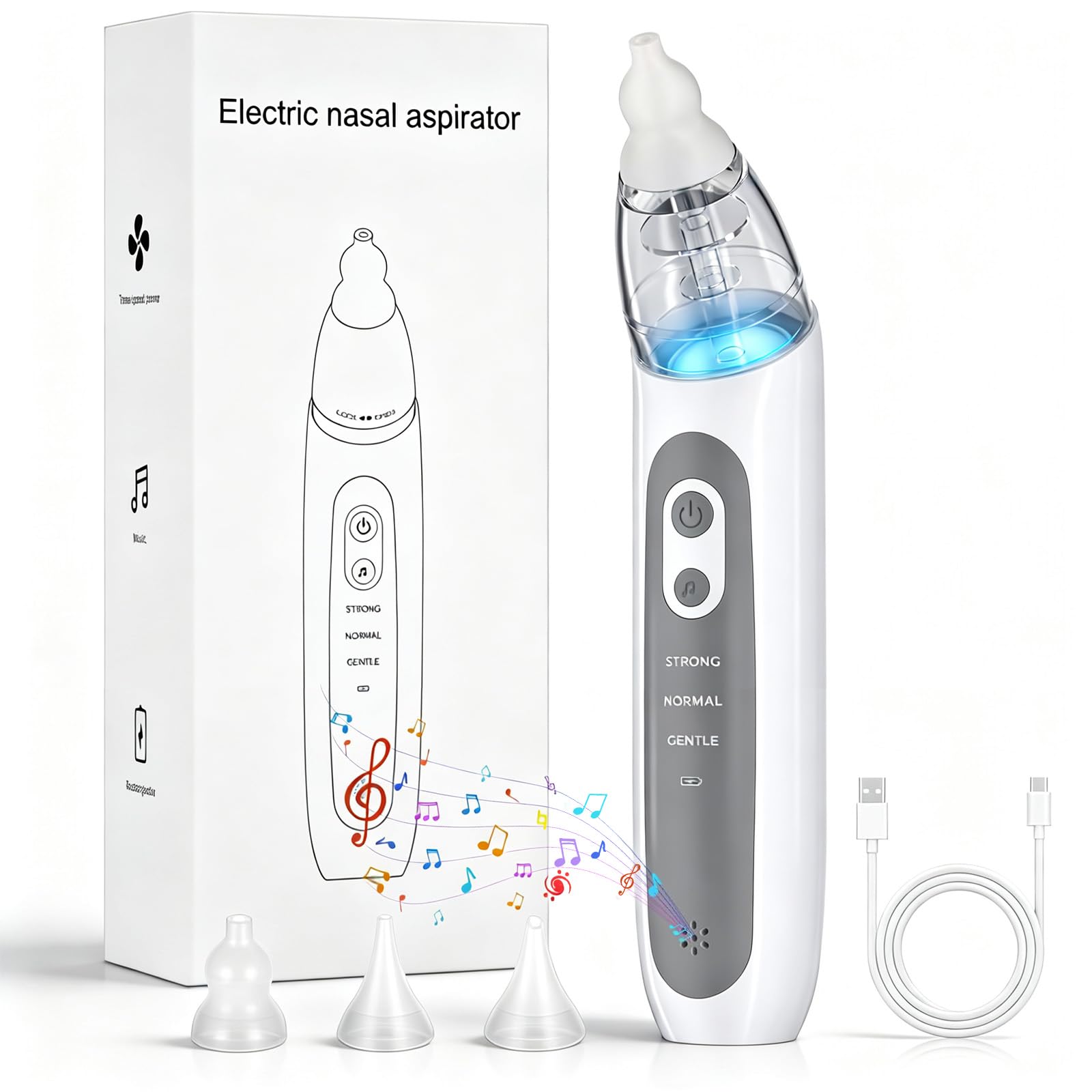 Electric Baby Nasal Aspirator, Rechargeable Nose Sucker for Newborns, Infants & Toddlers, 3 Adjustable Suction Levels, Built-in Music and Night Light, 3 Soft Silicone Tips, Portable Nose Cleaner