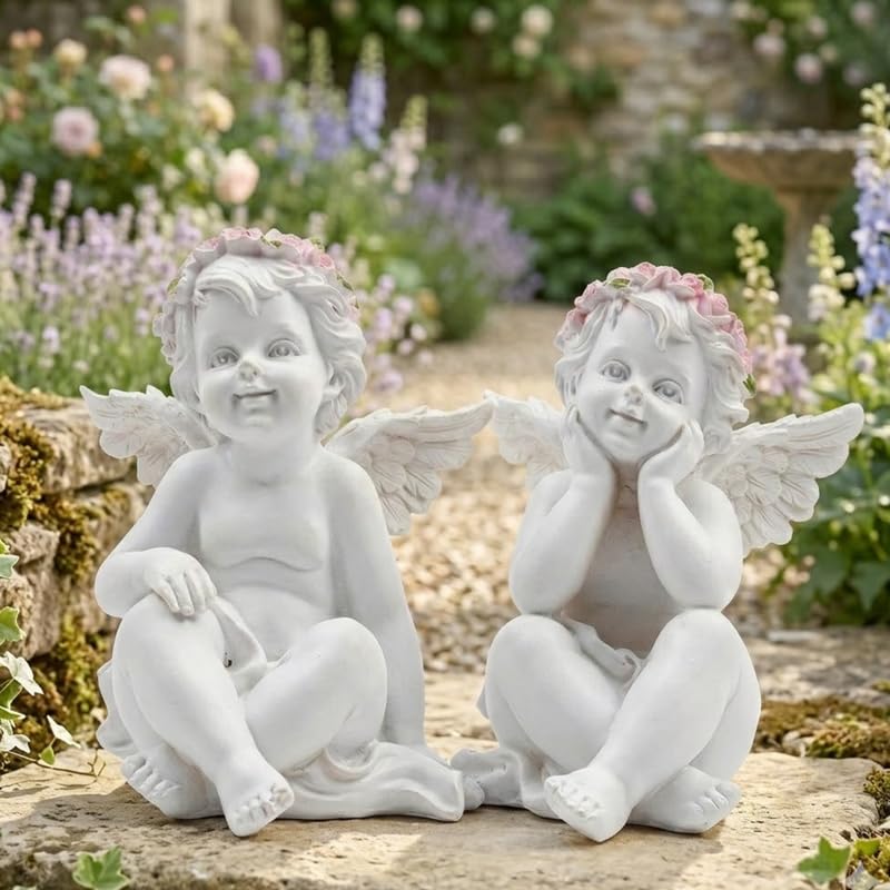 Wonderland White Cherub Angel Garden Statues with Pink Flower Crowns (Set of 2) – Charming Sitting Resin Angel Figurines for Patio, Yard, and Home Decor-image-34