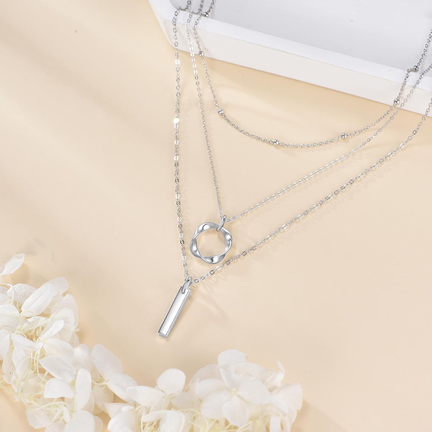 Layered Choker Necklaces 925 Sterling Silver Dainty Chain with Rectangle Circle Bar Pendant Fashion Jewelry for Women - Image 3