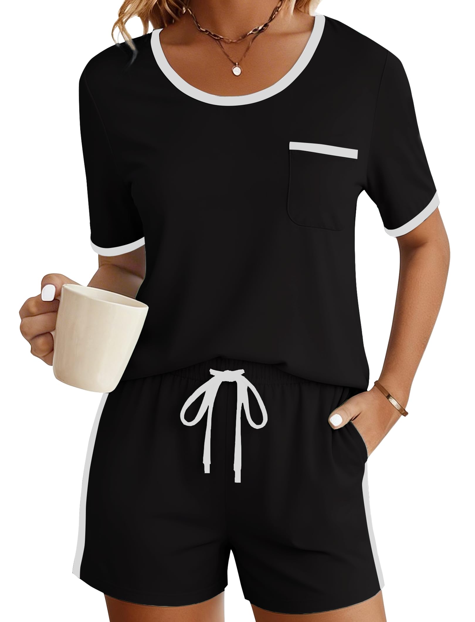 PATPAT Pajama Set for Women Viscose from Bamboo 2 Piece Soft Lounge Set Short Sleeve Tops and Shorts
