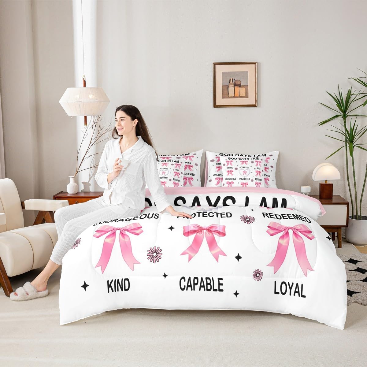 Erosebridal Cute Pink Bow 7 Pieces Bedding Twin Size for Girls Girly Preppy Aesthetic Comforter Set with Sheets Fashion Inspirational Quotes Duvet Quilt Set Trendy Modern Bow Bed in A Bag - Image 4