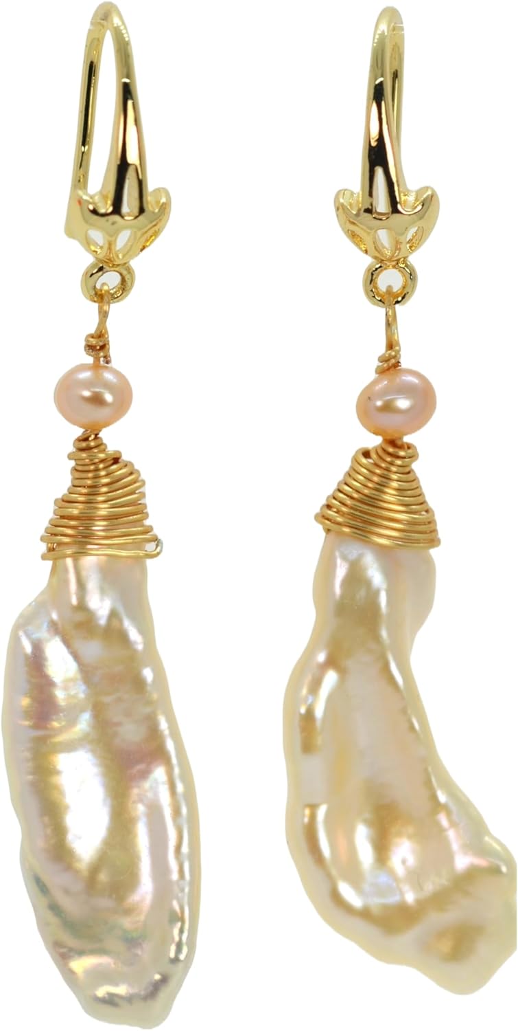 14 K Gold Filled Elongated Freshwater Keshi Pearl Earrings for Women