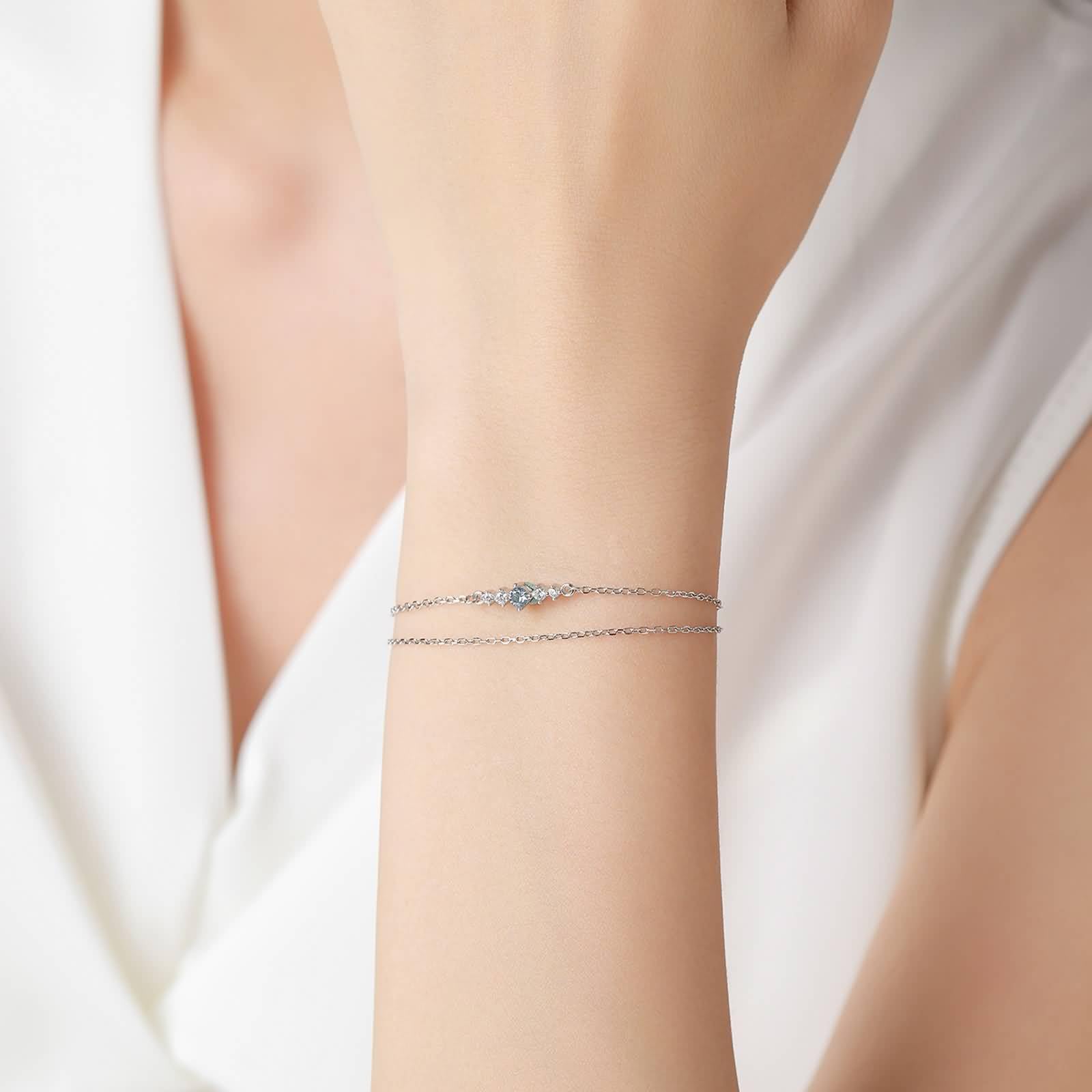 Pulsera Mujer Oro Blanco 9Kilates / 14Kilates / 18Kilates, Cadena Doble Capa con Zafiro Creado de 0,25 ct, Cadena Extensible 16 CM + 5 CM, Pulseras de Mujer de Plata Azul