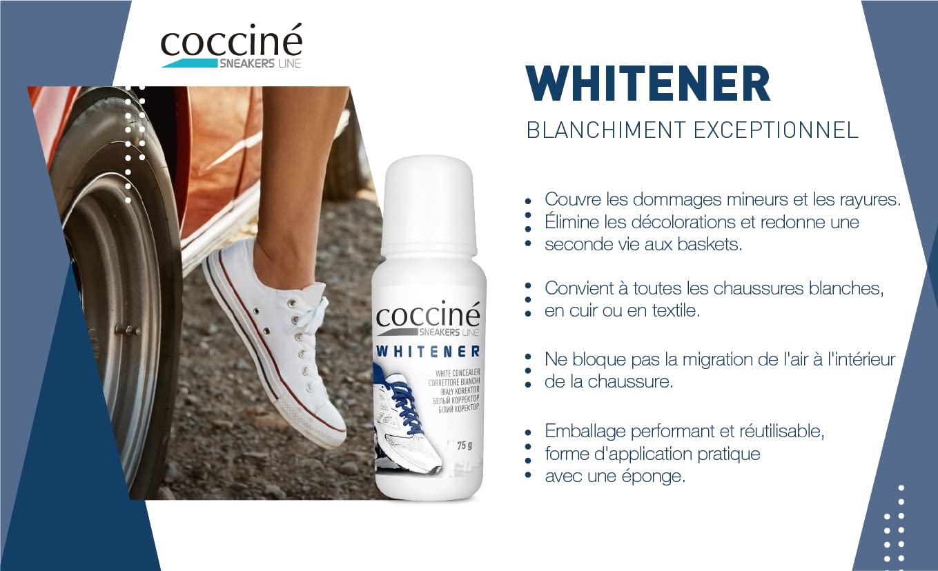 Coccine - Blanchisseur de Baskets, Sneaker Whitener, Cirage Blanc, Nettoyage Des Semelles, Renouvellement de la Peau des Sneakers Blanches, Pour Les Baskets Blanches - 2x75 g